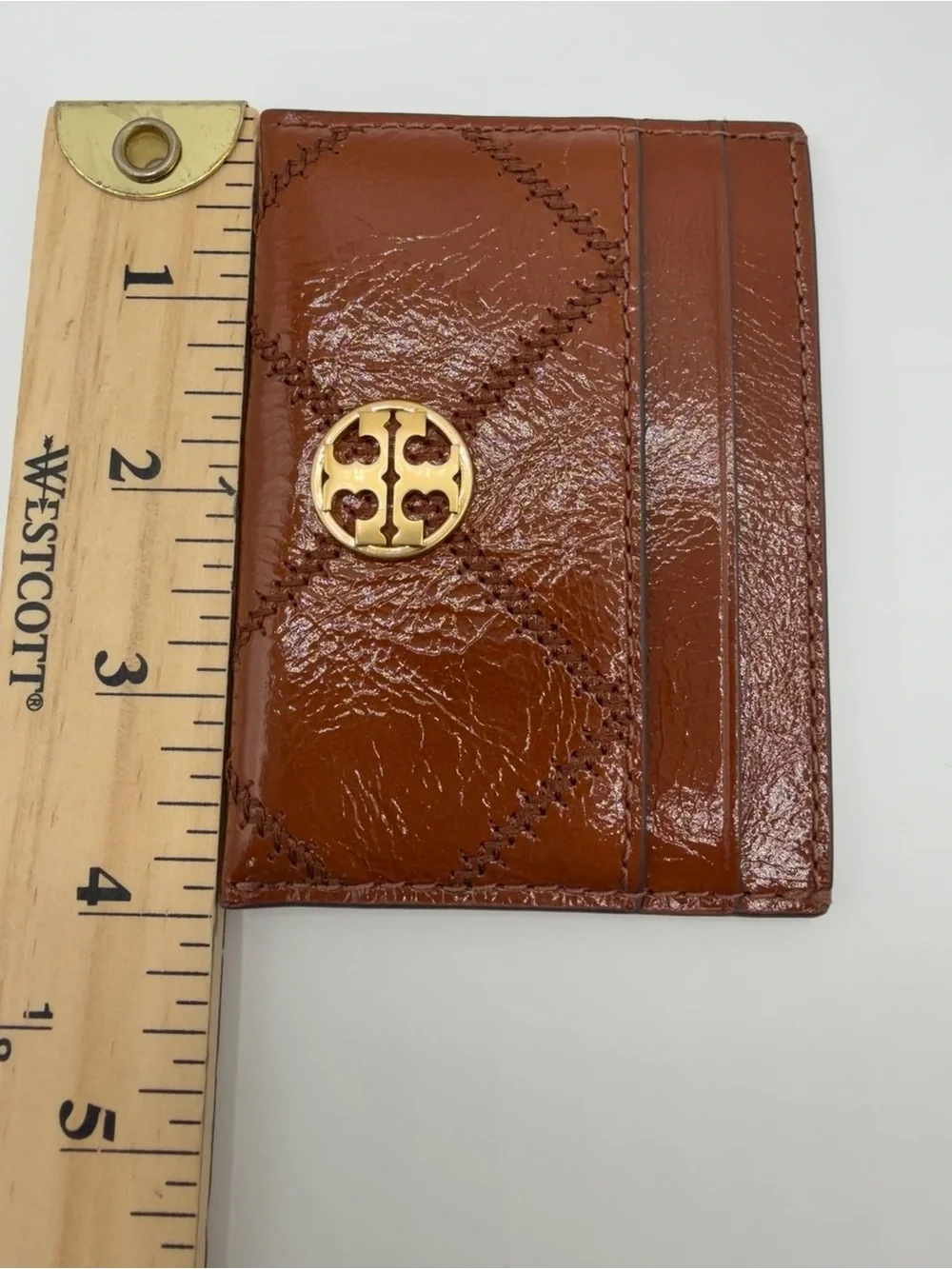 Tory Burch Willa Shine Slim Card Case Java Brown Crinkle Leather Quilted NWOT